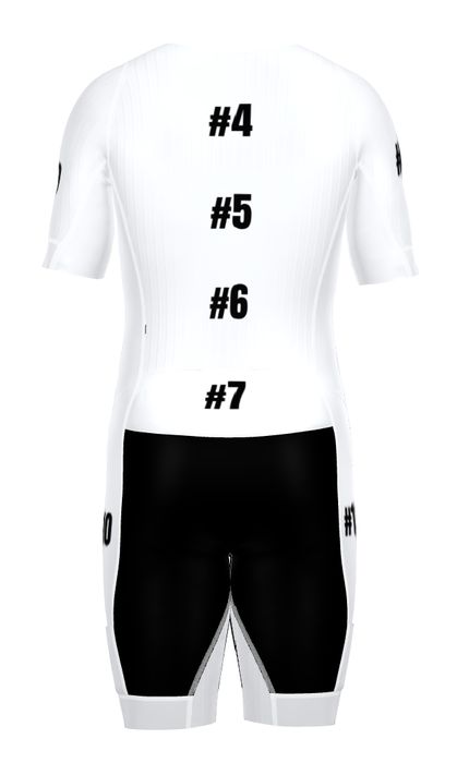 Front of race kit with shorts, positions 4 to 7